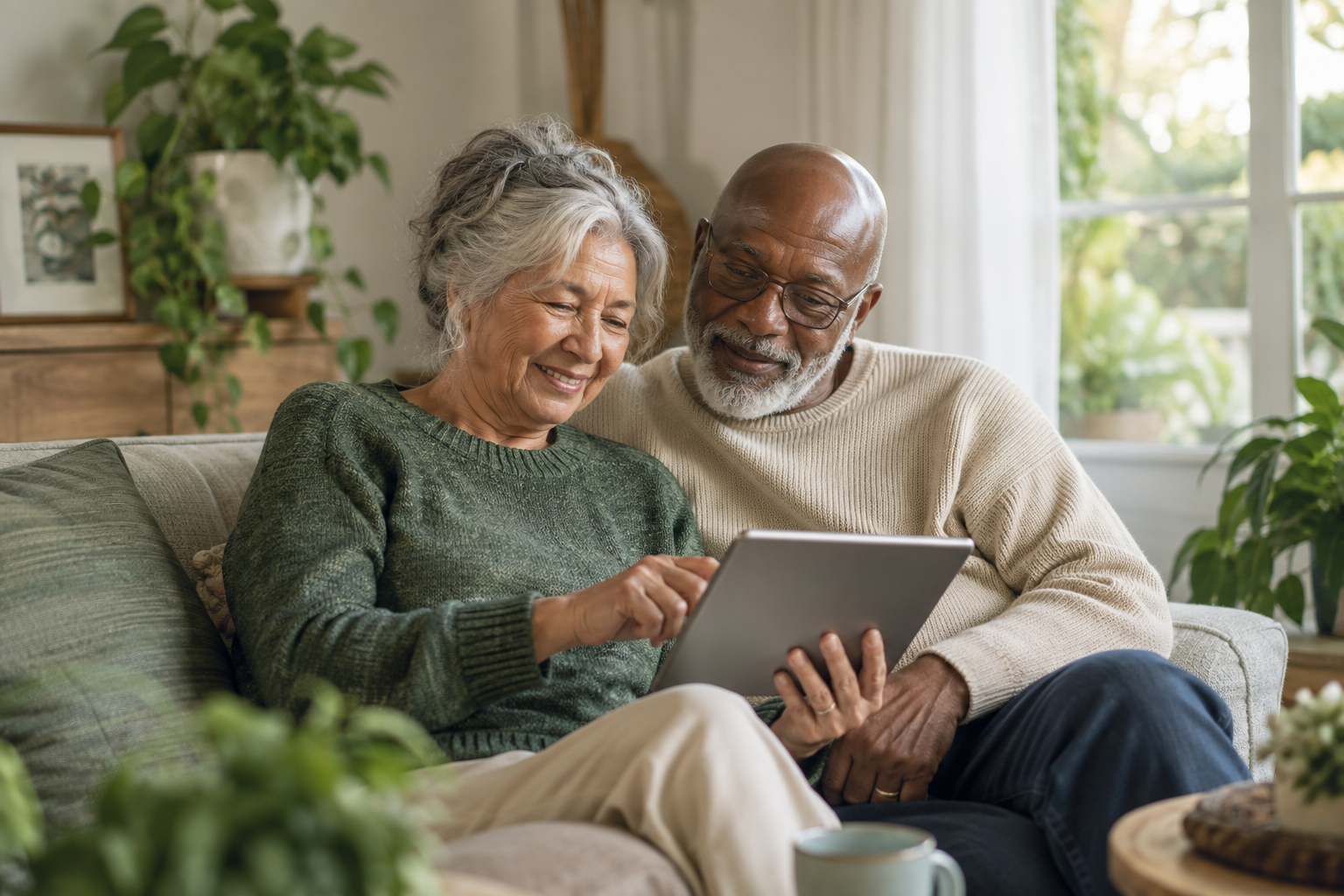 Two older adults smiling while using a tablet together at home